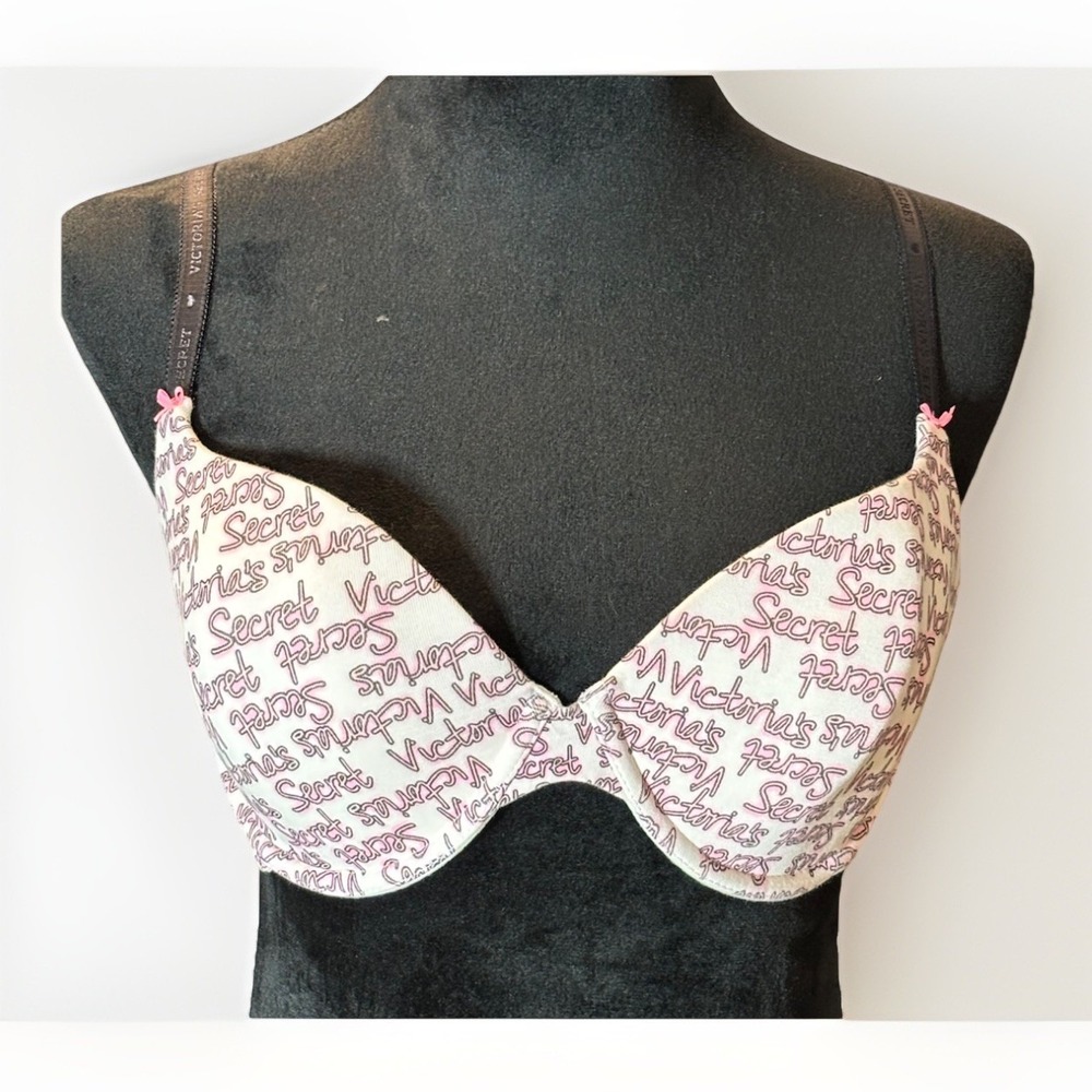 Victoria's Secret Bra All Over Print Underwire Lined Demi 36D White & Pink Sexy